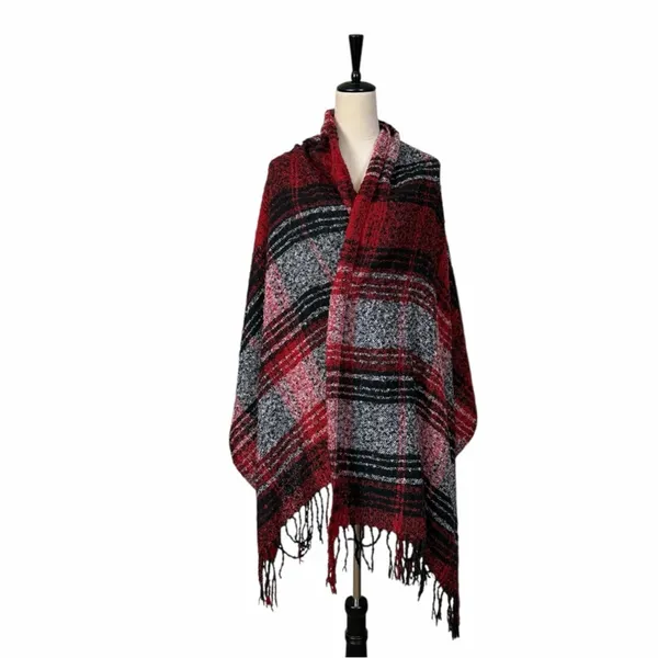 Plaid Blanket Scarf Shawl Wrap Red Black Gray Fringe Winter Poncho Oversized - Image 2
