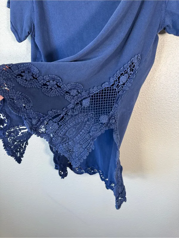 Free People Blue Crochet Short Sleeve Tunic Blouse Womens L Casual Boho - Image 7