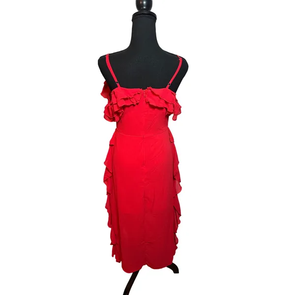 EillyBazar Red Ruffle Cold Shoulder Midi Dress Adjustable Straps Fairy Holiday - Image 3