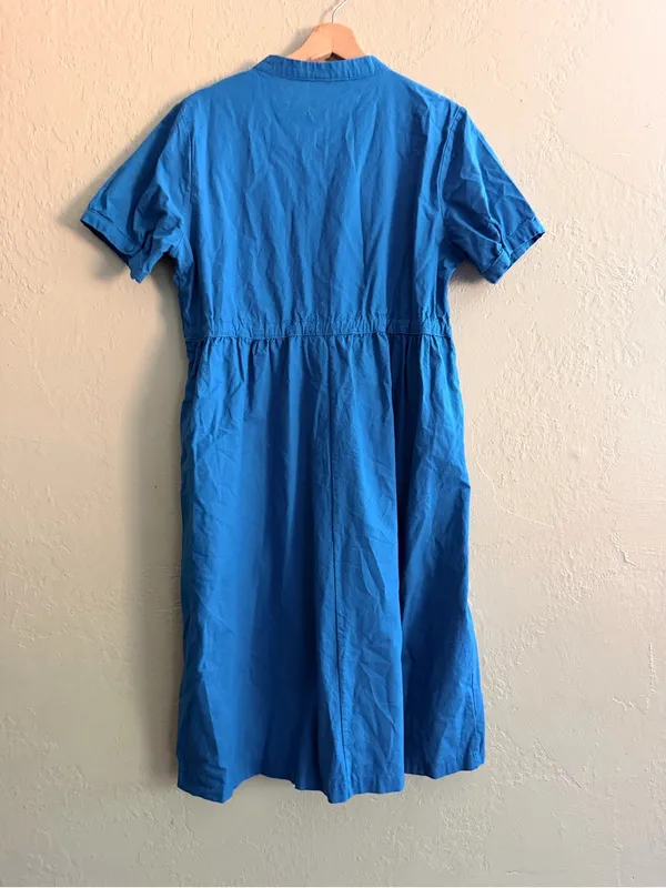 Blue Women's Cotton Midi Dress with Waist Tie - Image 2