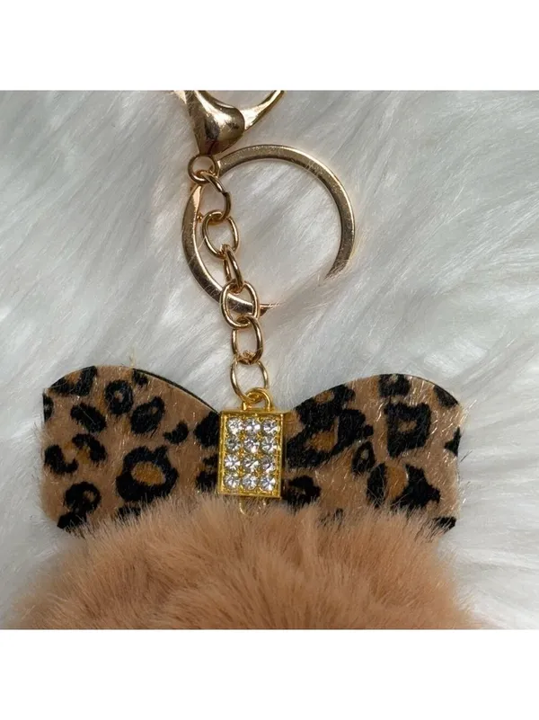 Leopard Print Bow With Rhinestones Pom Pom Bag Charm Keychain Tan Gold New - Image 3