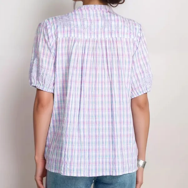 Johnny Was Malo Puff Sleeve Blouse S NWT Lavender Plaid - Image 2