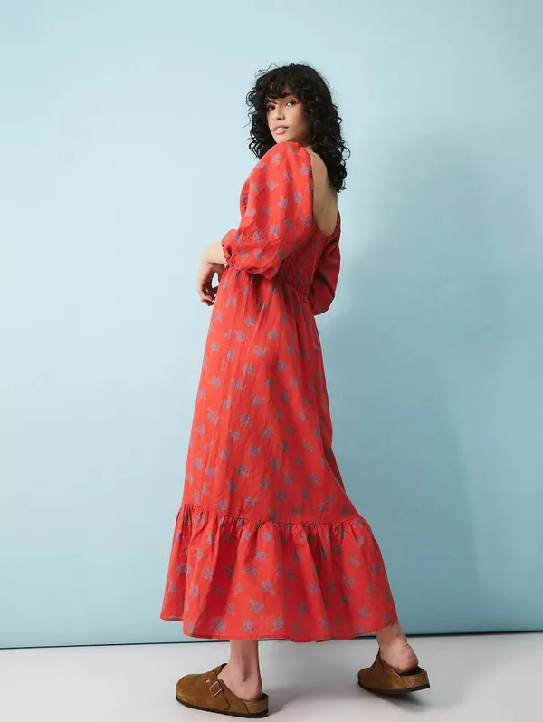 Red Floral Cotton Linen Dress S - Image 3