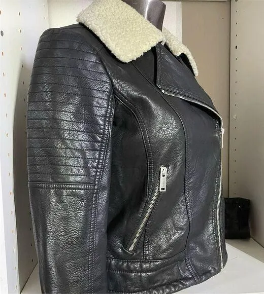 Women's Black Faux Leather Jacket M Quilted Sleeves Sherpa Collar - Image 2