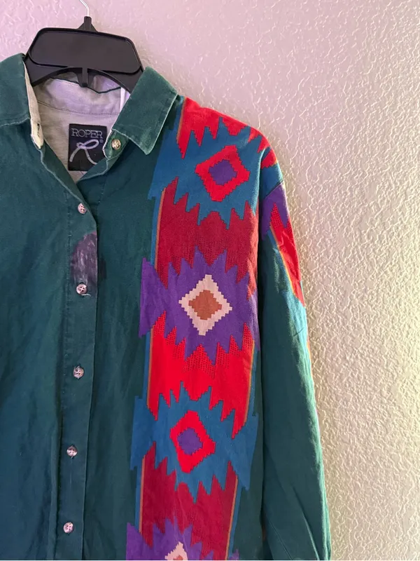 Vintage Roper Teal Southwestern Aztec Button Down Western Shirt Womens Cowgirl - Image 6