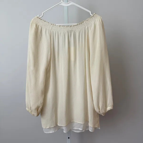 Joie Silk Boho Flowy Beachy Relaxed Peasant Smocked V-Neck Blouse L Ivory - Image 5