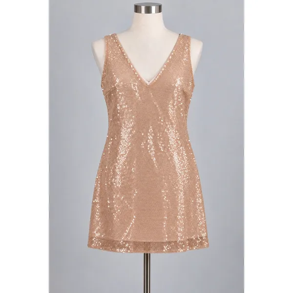 A New Day Women Rose Gold Sequin V-Neck Sleeveless Shift Mini Dress Size S NWT - Image 2