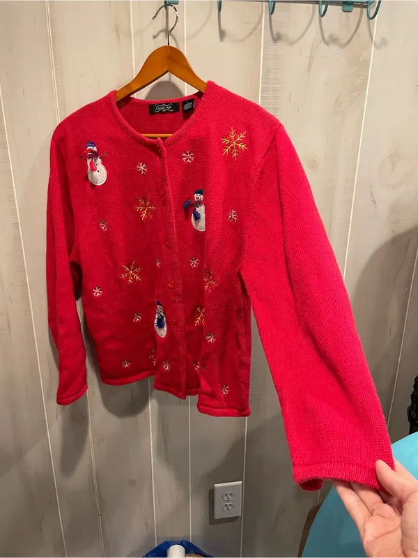 Cute cherry red holiday winter snowman 90s cotton blend cardigan sweater - Image 5