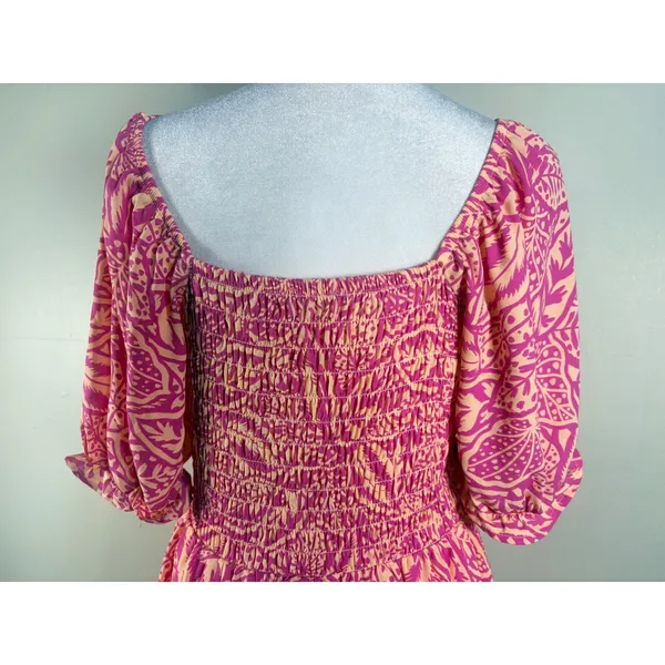 Sienna Sky Tropical‎ Puff Sleeve Dress Womens Medium Pink Excellent Smocked Back - Image 11