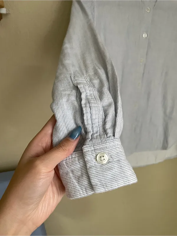 Muji Stand Alone Collar Button Front Long Sleeve Size XS Cotton Micro Stripe - Image 10