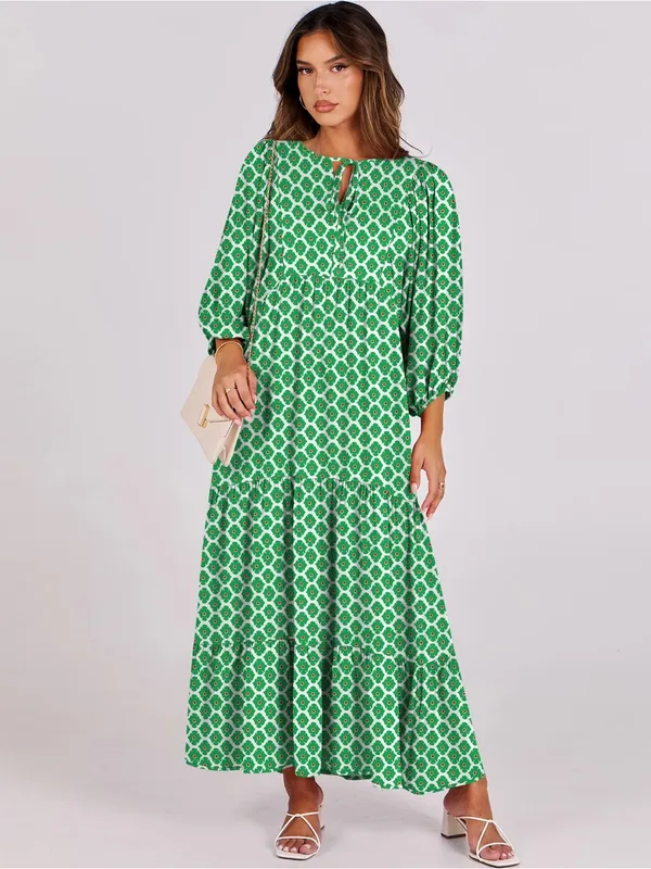 Amazon block print kelly green maxi dress midi puff sleeve tiered ruffle - Image 4