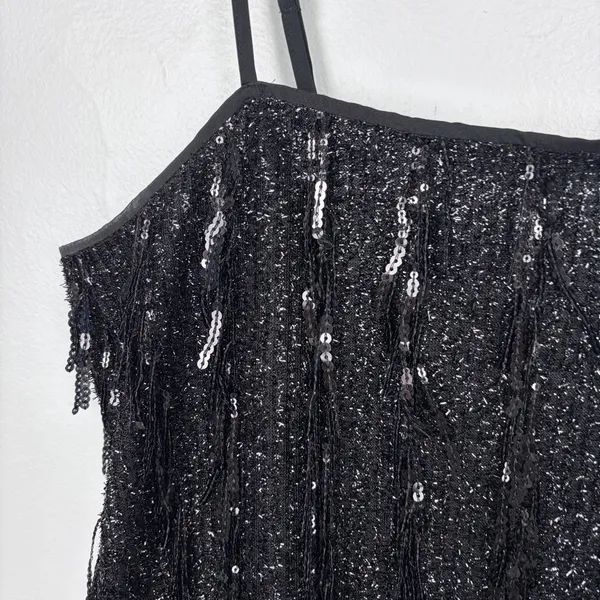 Loft Sequin Fringe Square Neck Cami Black Party Top‎ Evening Glam Size Large - Image 4
