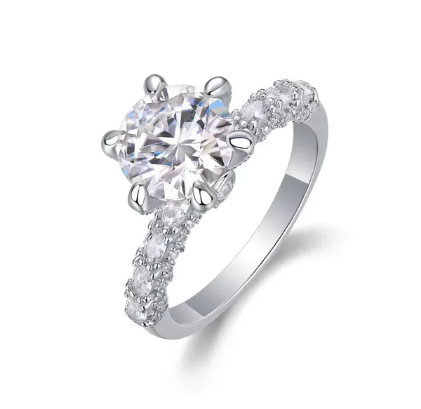 Jo Elegant 6-Prong Round Moissanite Engagement Ring with Pave Band in S925 Sterl - Image 4