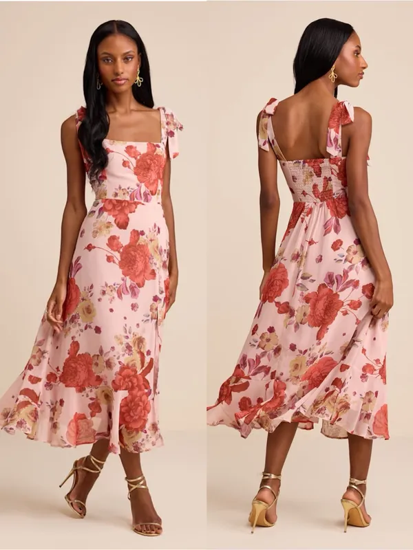 LULU’S Summer Invite Blush Pink Floral Tie-Strap Tiered Midi Dress - Image 2
