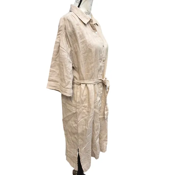 Tahari Womens 100% Linen Belted Button Down Shirt Dress Tan Beige Small - Image 4