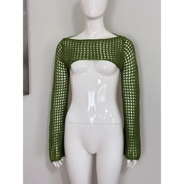 Women Open Knit Bolero Shrug Long Flare Sleeve Crop Top Cover Up Festival Size S - Image 2