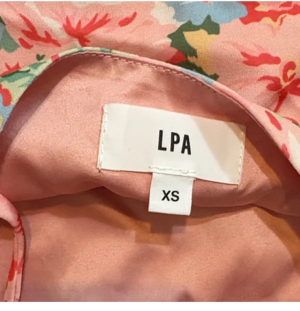 LPA From Revolve Floral Mini Dress XS Pink Green Ruffle Hem - Image 5