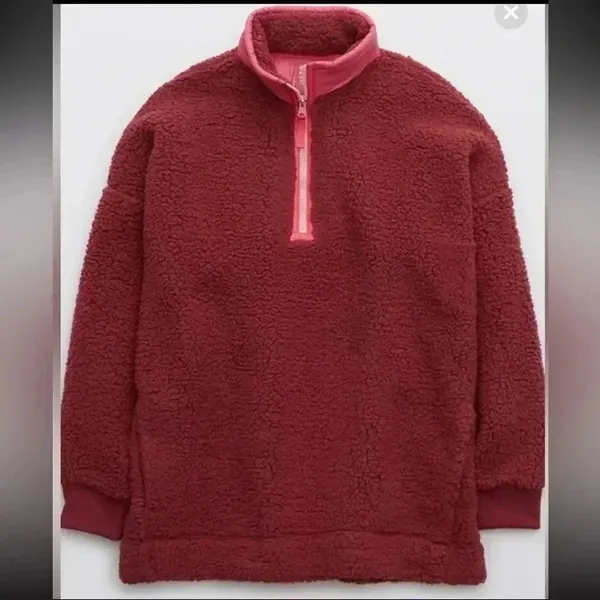 Aerie Dream Sherpa Quarter Zip Sweatshirt, Cherry Pink/Hot Pink, Size Medium - Image 4