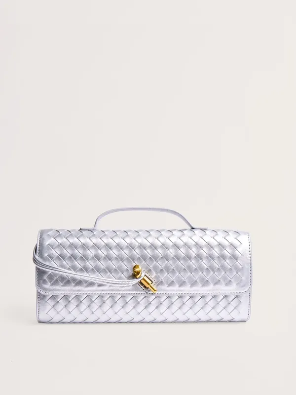 Woven Metallic Silver Shoulder Bag with Top Handle - Image 2