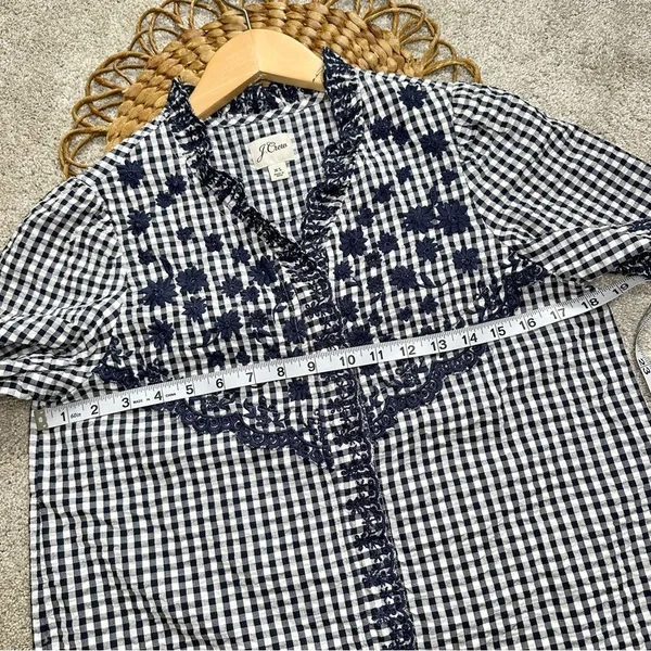 J.Crew Embroidered Indigo Crinkled Gingham Short Sleeve Navy White Top Cotton XS - Image 15