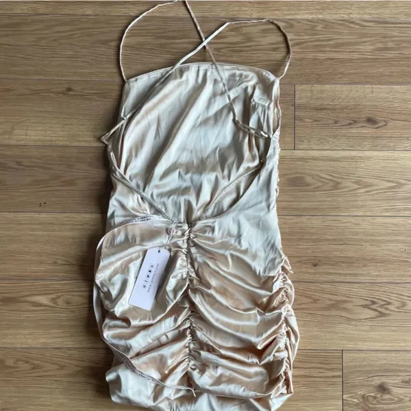 NWT Oh Polly Midnight Seduction Ruched Backless Satin Mini Dress Beige US 2 - Image 5