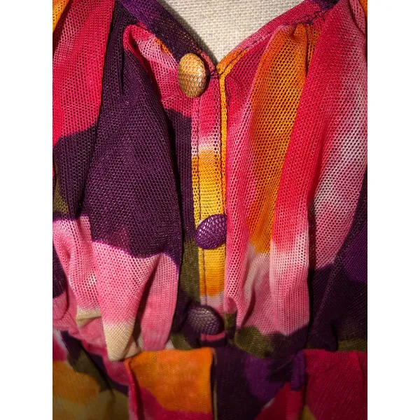 August Silk Mesh Top Size L Abstract Floral Red Purple Y2K Buttons Tank Babydoll Flowy Cool - Image 5