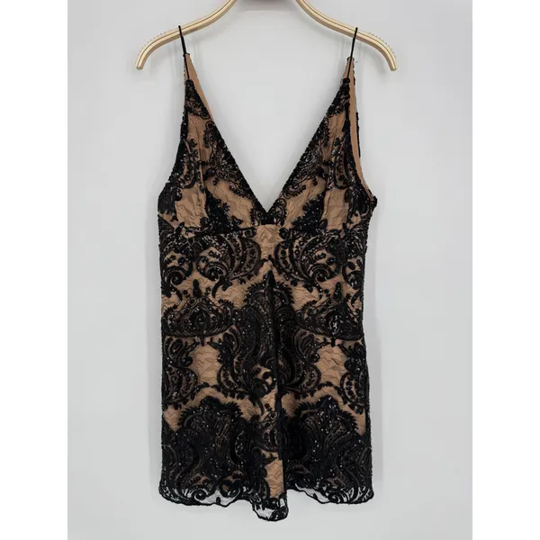 Free People Night‎ Shimmers Mini Dress 6 Black Nude Sequin Lace Party Cocktail - Image 4