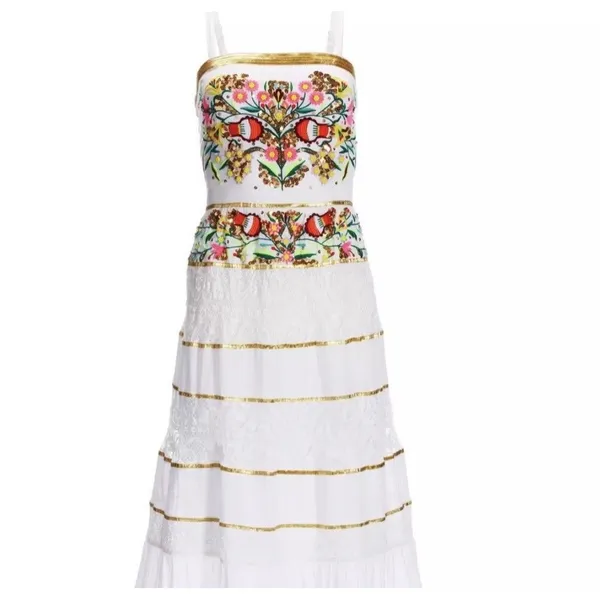 Boston Proper Maxi Dress Sz L Sequin And Embroidered Lace Insert Tiered Peasant - Image 5