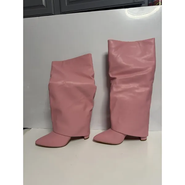 Fold Over Skirted Knee Boots 3" Chunky Heel Pull On Half Zipper Pink Size 8.5 - Image 3