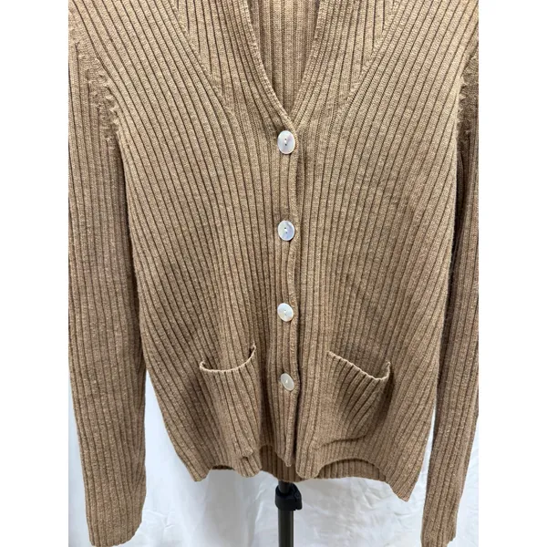 VTG‎ 90's LL Bean Women's Tan Chunky Knit Ribbed 100% Merino Wool V-neck Cardi M - Image 3