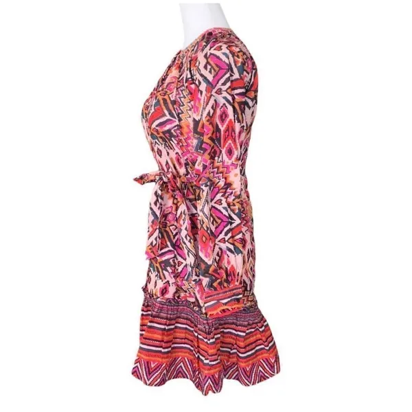 Zara Angie Belted Abstract Print Mini Dress Pink Red Boho‎ Ruffle Drop Waist XS - Image 4