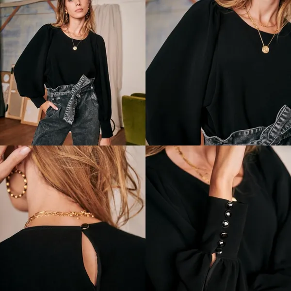 Sézane Bénédicte Blouse Black FR 34 US 2 Small‎ Boho Balloon Sleeve Crepe Top - Image 2