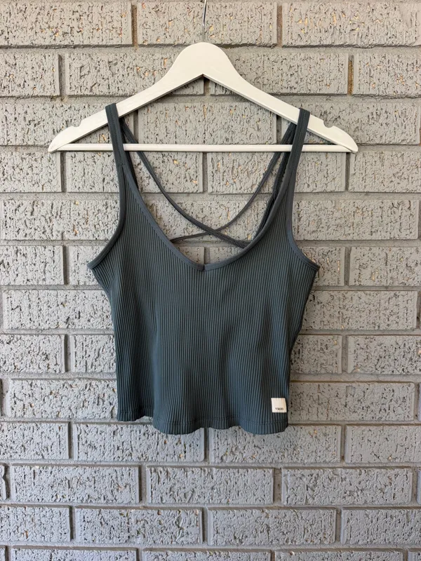 Vuori Rib Crop Tank Top In Stone Blue Star Embroidery Size Small - Image 3