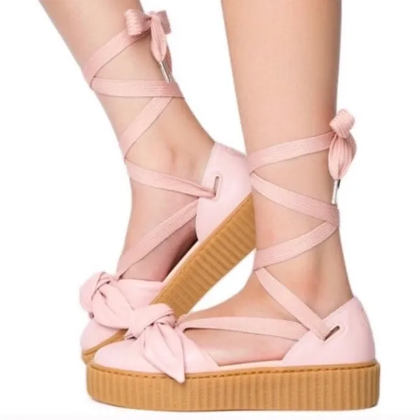 Puma x‎ Fenty by Rihanna Pink Bow Lace Up Leather Creeper Platform Sandals - Image 2