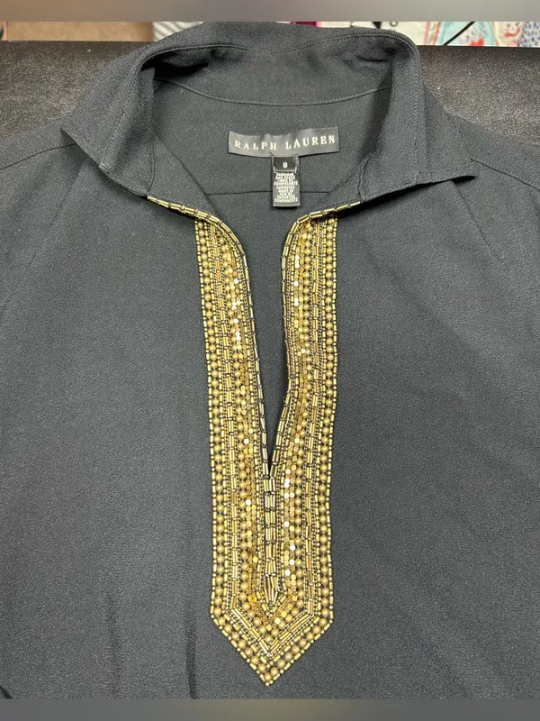 Ralph Lauren Black Label Size 8 Gold Beaded Black Long Sleeve Top - Image 3