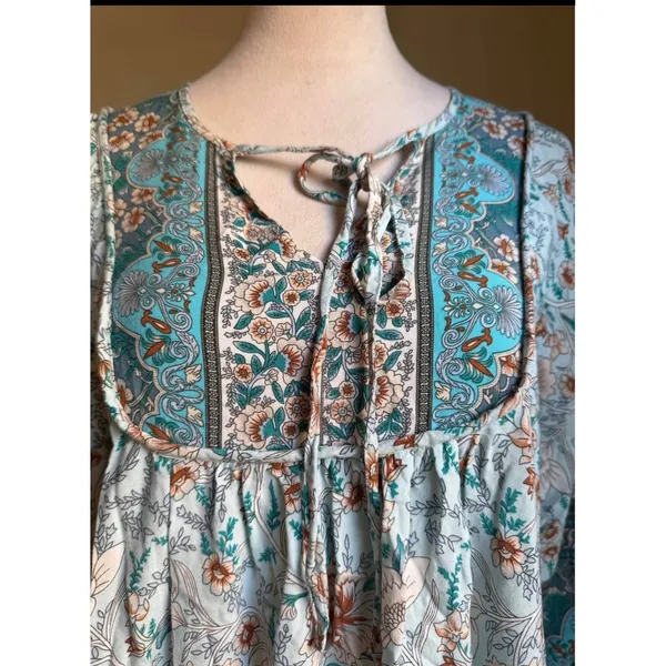Boho Floral Mini Dress Blue Teal Babydoll Tie Neck Med cottage resort bohemian y - Image 2