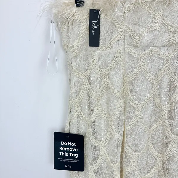 Lulus Uniquely Confident Cream Lace Feather Strapless Midi Dress Cocktail L NWT - Image 10