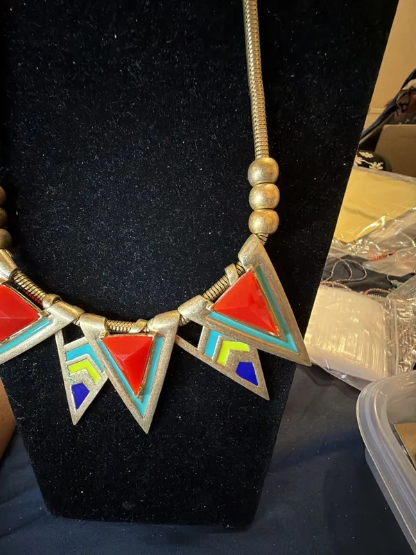 Vintage 1980s Geometric Triangle Bib Statement Necklace Gold - Image 5