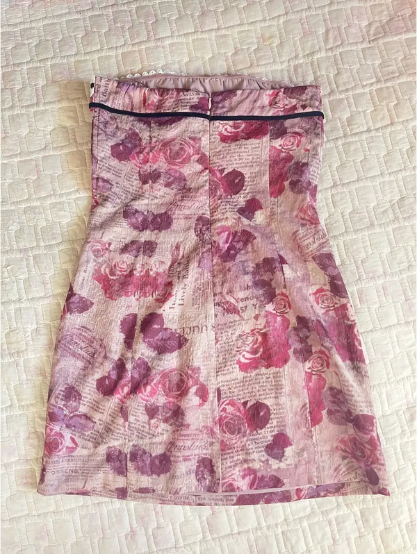 Cotton Candy LA pink flower newspaper strapless dress - Image 2