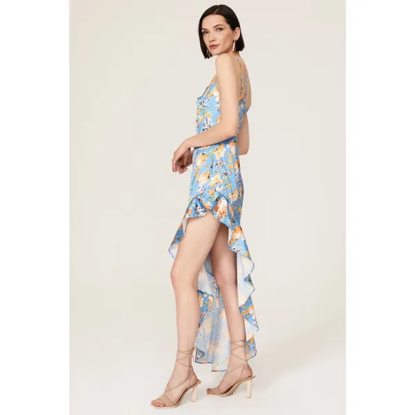 Nookie Simone Blue Floral Satin Asymmetrical Ruffled Cut Out Cocktail Dress L - Image 2