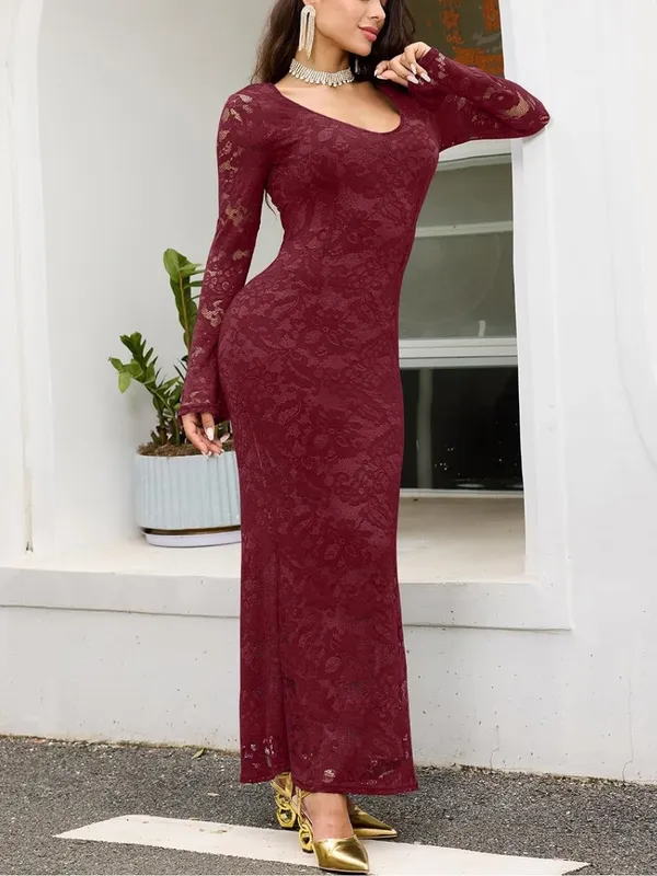 Ekaliy Women Bodycon Maxi Dress Floral Lace Elegant Wine Red. Size M - Image 3