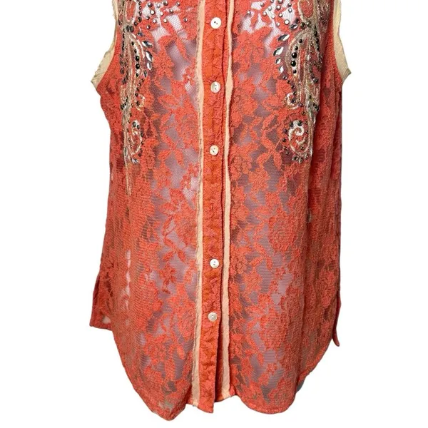 Y2K Miss Me Boho‎ Rhinestone Lace Button up Blouse Cottagecore Rodeo Country L - Image 5