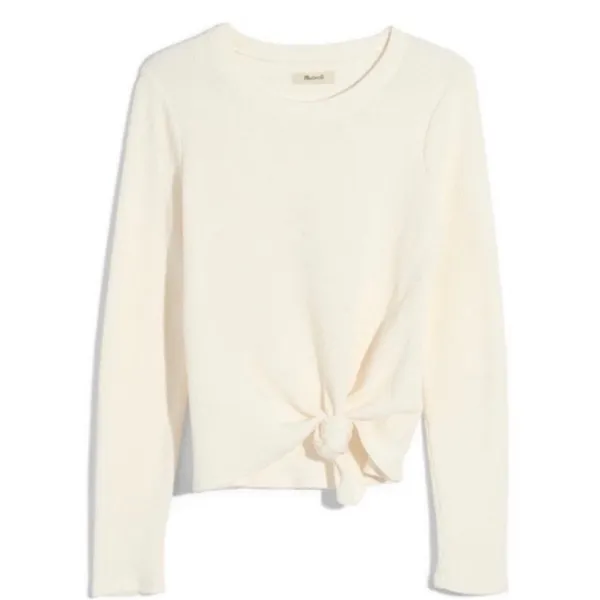 Madewell Texture & Thread Cream Jacquard‎ Knot Front Crew Neck Top - Image 2