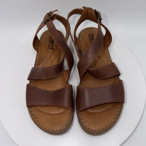 Born Lucia Sandals Womens 7M Brown Leather Comfort Strappy Slingback Cross Strap - Image 3