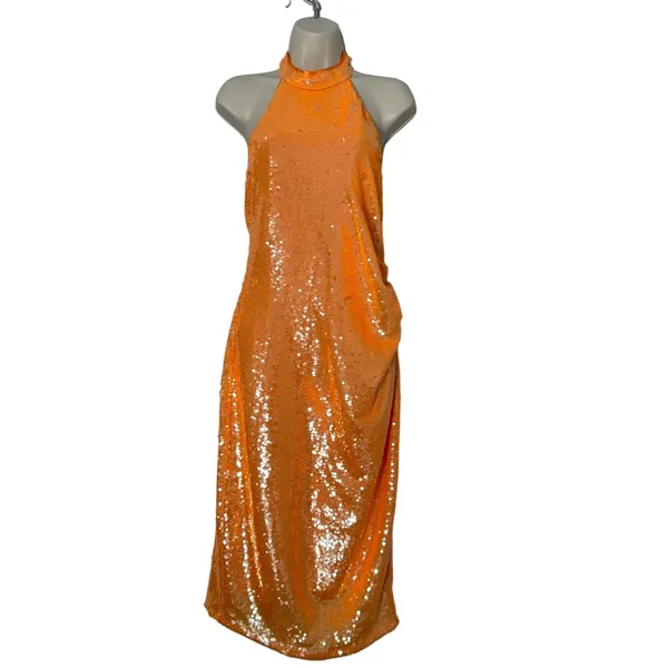 NWT Caroline Constas‎ Orange Sequin Halter Midi Dress Size S - Image 3