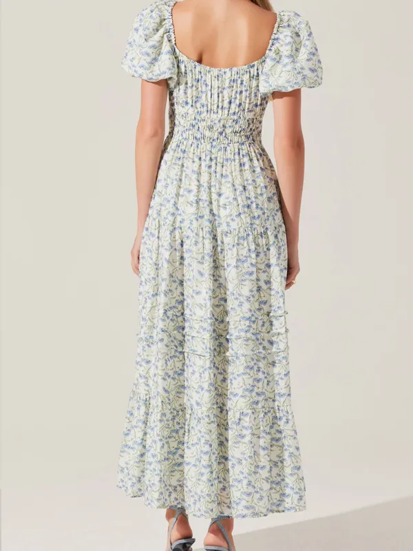 Astr Floral Smocked Maxi Dress in Light Blue and Cream - Image 2