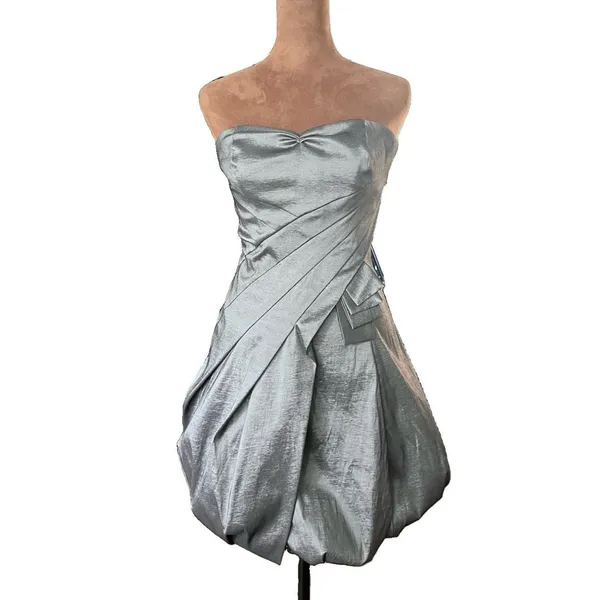 Jessica McClintock Silver Bubble Strapless Pleated Mini Dress Size 2 - Image 2