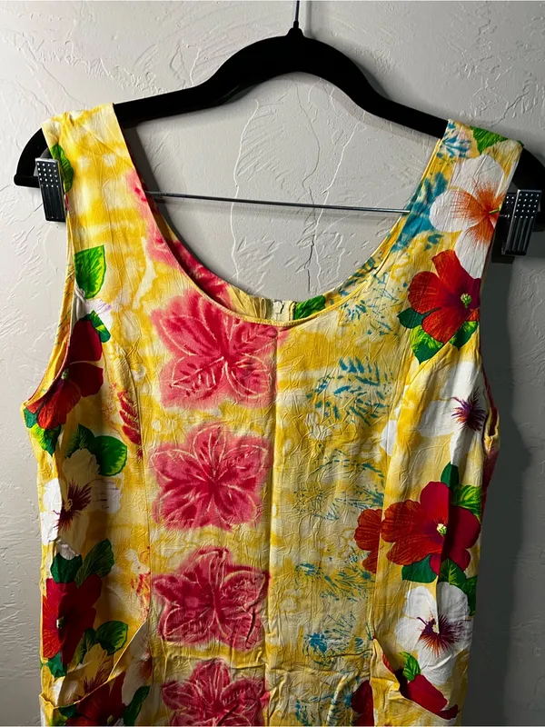 Jams World Vintage Rayon Yellow Hibiscus Tropical Floral Mini Dress - Image 3