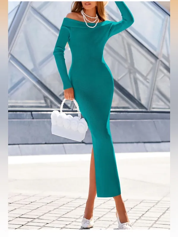 Nordstrom Off-Shoulder Teal Ribbed Maxi Dress - Elegant Women’s Evening Dress M - Image 5