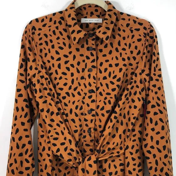 New Tie Front Button Down Shirtdress Animal Print Long Sleeve Mini - Image 14